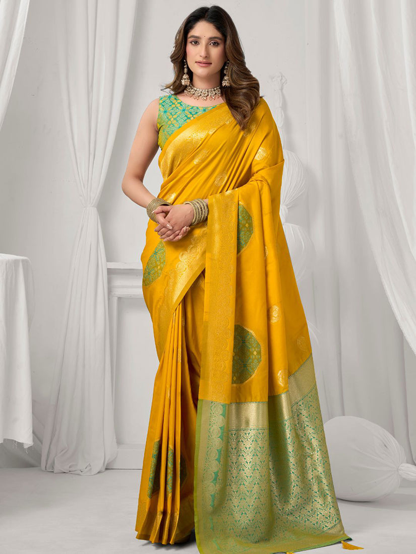 Monjolika Fashion Mustard Soft Banarasi Silk Blend Zari Woven Saree with Blouse Piece