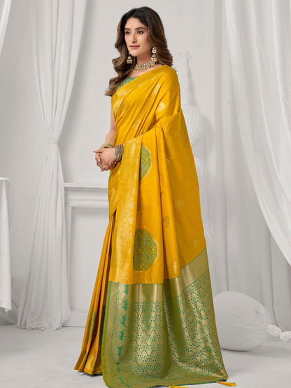 Monjolika Fashion Mustard Soft Banarasi Silk Blend Zari Woven Saree with Blouse Piece