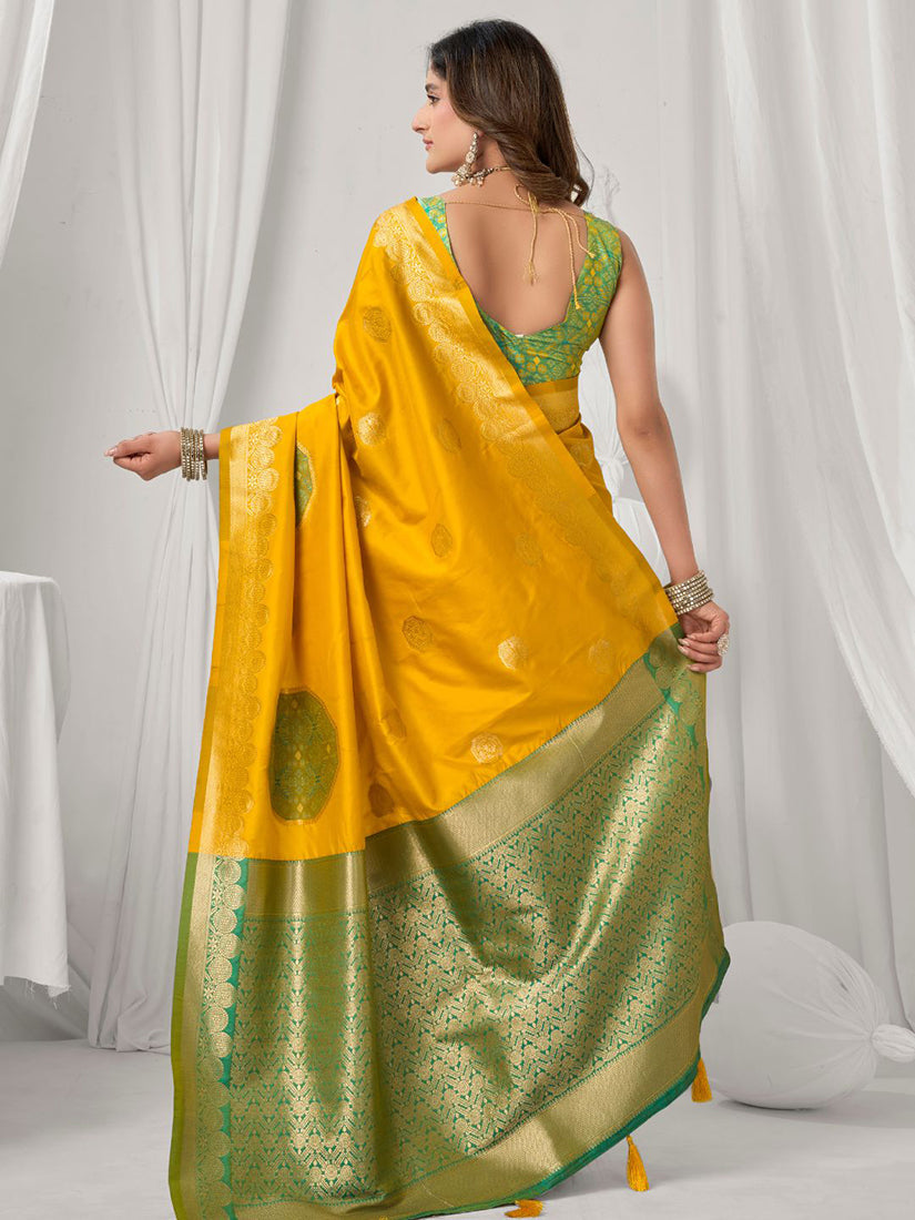 Monjolika Fashion Mustard Soft Banarasi Silk Blend Zari Woven Saree with Blouse Piece