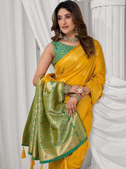 Monjolika Fashion Mustard Soft Banarasi Silk Blend Zari Woven Saree with Blouse Piece
