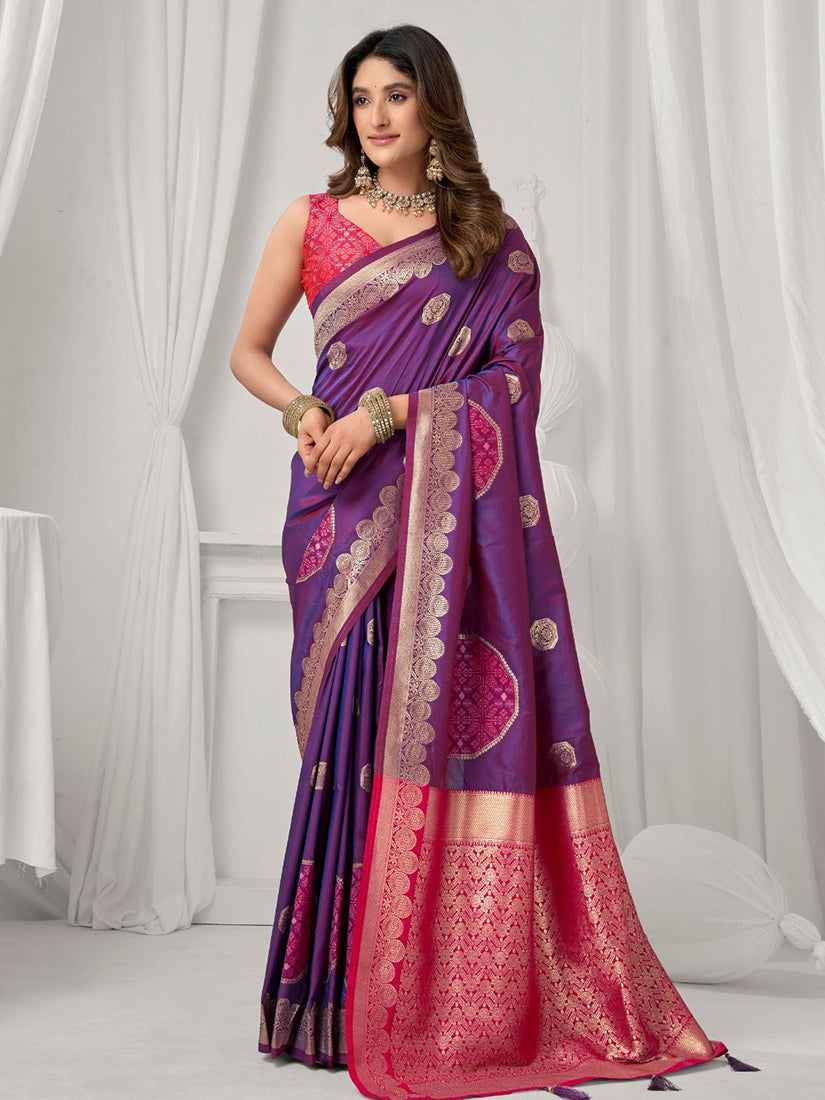 Monjolika Fashion Violet Soft Banarasi Silk Blend Zari Woven Saree with Blouse Piece