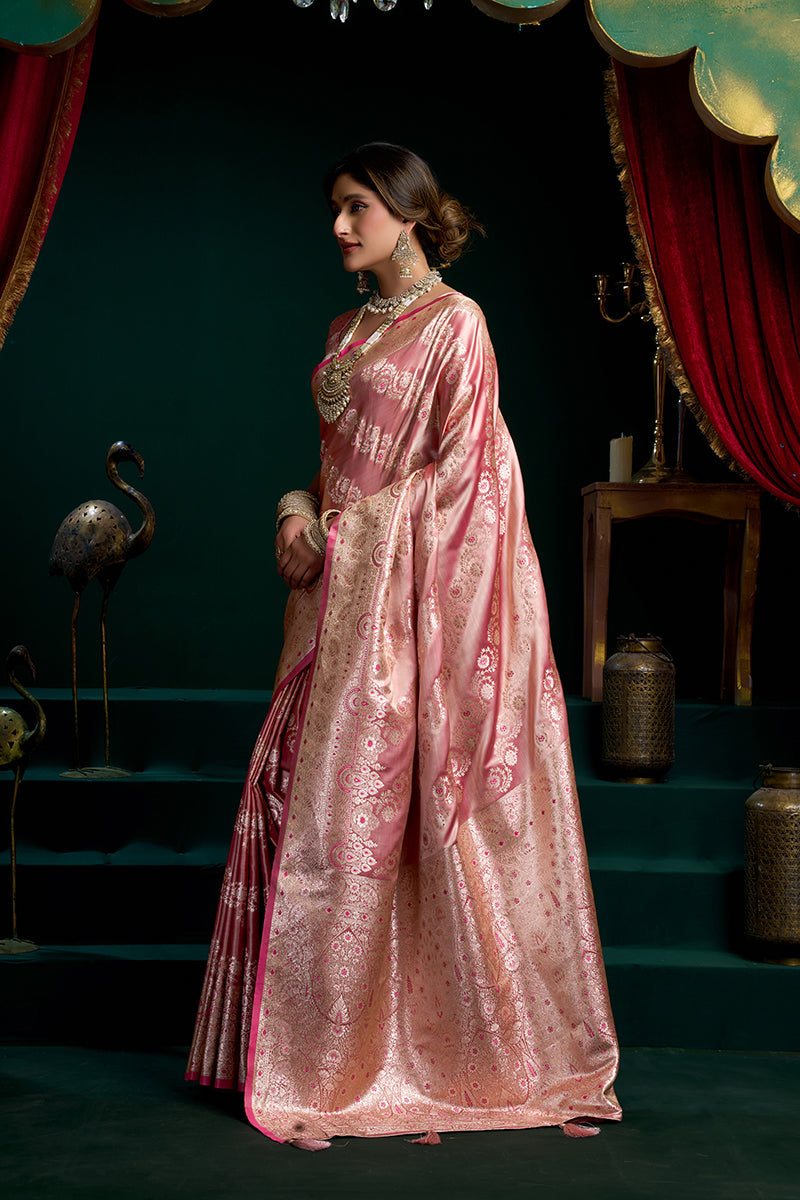 Monjolika Fashion Pink Soft Banarasi Satin Silk With Gold Zari Saree With Blouse Piece