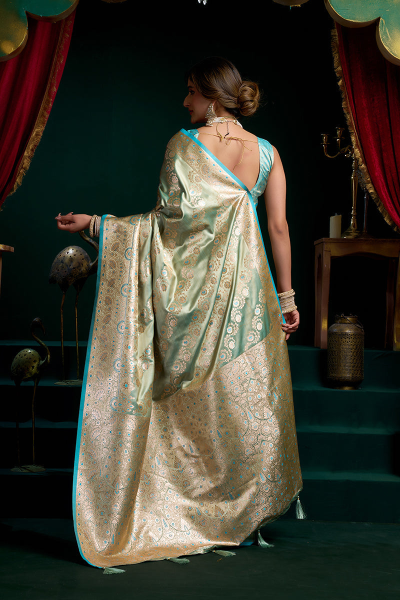Monjolika Fashion Sea Green Soft Banarasi Satin Silk With Gold Zari Saree With Blouse Piece