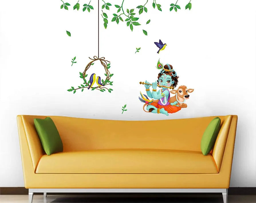 Rawpockets Religious God Krishna with Birds nest Self Adhesive Wall Sticker -Vinyl