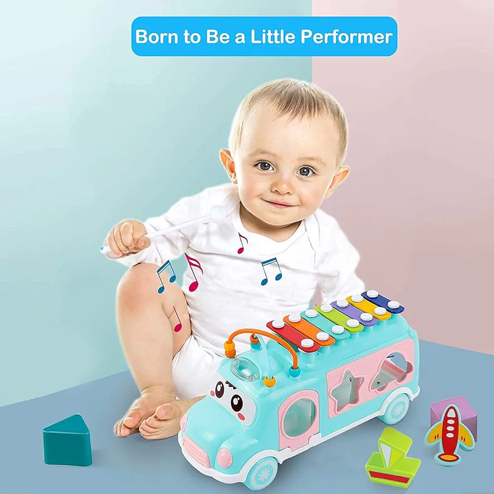 Lefan Plastic Musical Happy Bus Toy Baby Toys 6-18 Months with Xylophone & Shape Sorter Push & Pull Educational and Learning Toys for 1 2 3 4 5 Year Old Gift for Toddlers-Blue