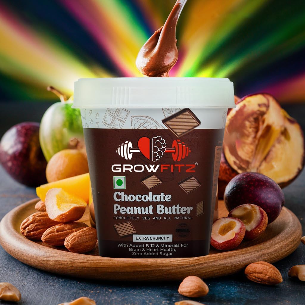 Growfitz Peanut Butter Chocolate Crunchy 200g | 24g High Protein Peanut Butter | 7g Fiber | Tasty & Healthy Nut Butter Spread for Breakfast | Roasted Peanuts | Zero Sugar (Pack of 1)
