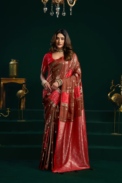 Monjolika Fashion Dark Brown Soft Banarasi Silk Blend Zari Weaving Saree With Blouse Piece