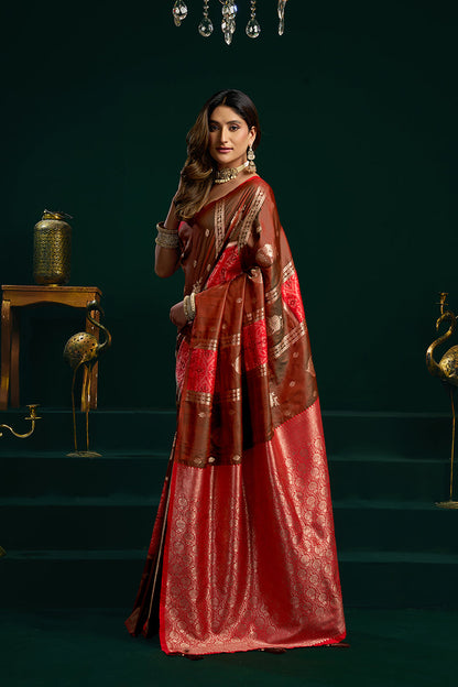 Monjolika Fashion Dark Brown Soft Banarasi Silk Blend Zari Weaving Saree With Blouse Piece