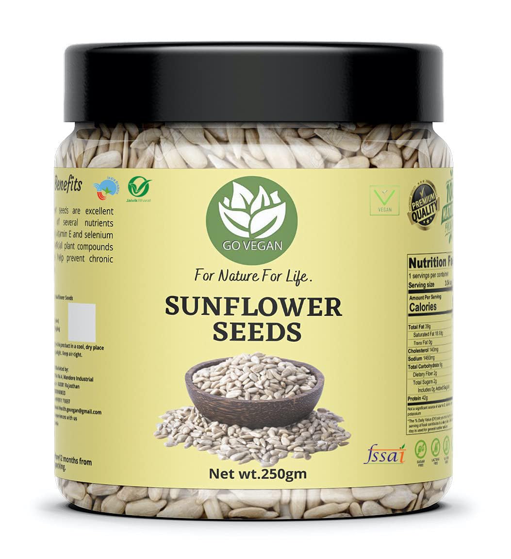 Go Vegan Sunflower Seeds for Eating 250gm - Rich in Protein & Fiber, Healthy Seeds [Jar Pack]