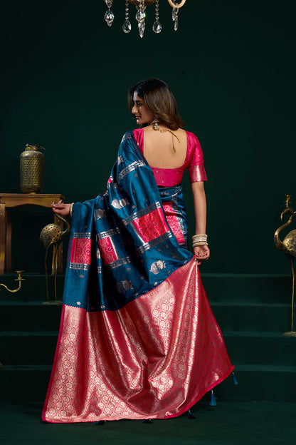 Monjolika Fashion Teal Blue Soft Banarasi Silk Blend Zari Weaving Saree With Blouse Piece
