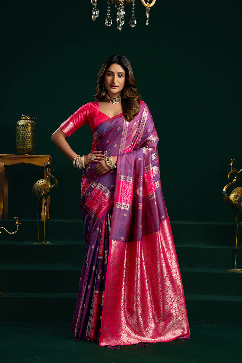 Monjolika Fashion Violet Soft Banarasi Silk Blend Zari Weaving Saree With Blouse Piece