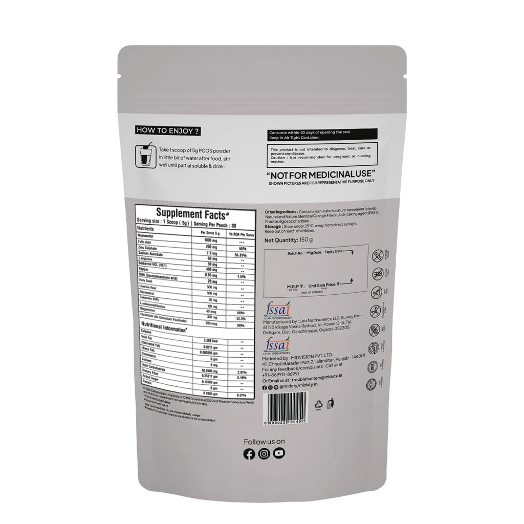 Miduty by Palak Notes PCOS Powder Myo Inositol and D Chiro Inositol PCOD, PCOS Women Support, Menstrual Cycle and Irregular Periods - 150g