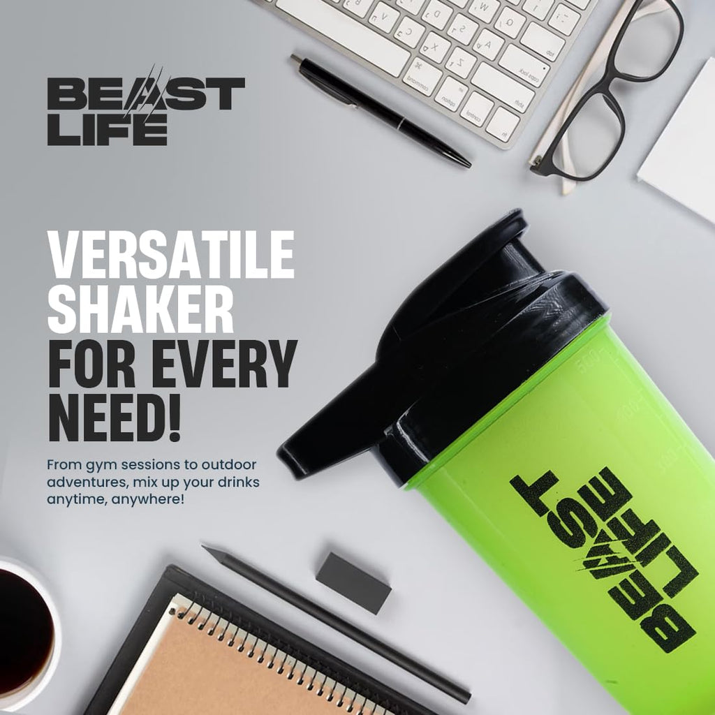 BEASTLIFE Plastic Shaker Bottle with Lid for Gym | Leak-Proof, BPA-Free Blender Bottle for Protein, BCAA & Pre Workout | All Drink Compatible | Easy to Carry