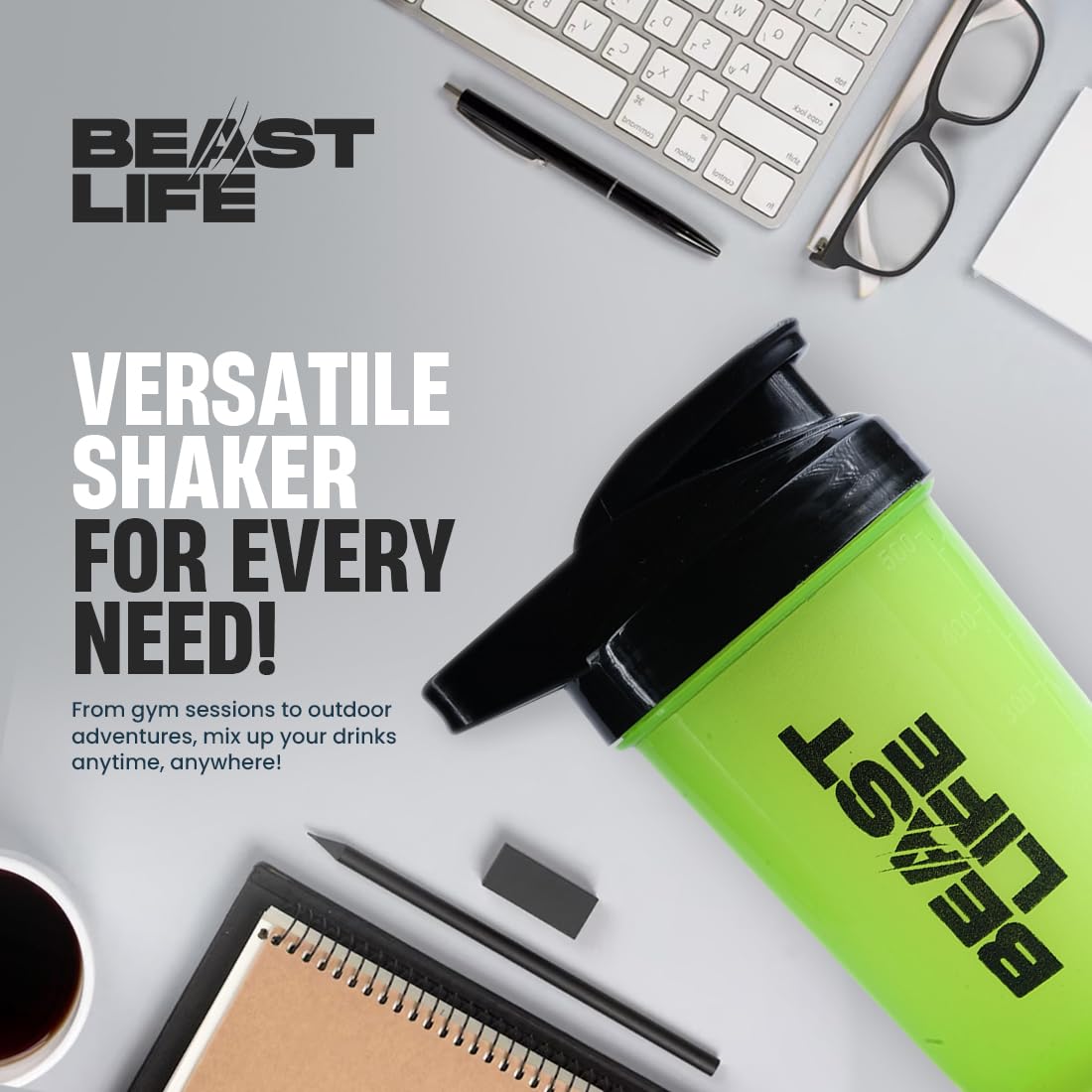 BEASTLIFE Plastic Shaker Bottle with Lid for Gym | Leak-Proof, BPA-Free Blender Bottle for Protein, BCAA & Pre Workout | All Drink Compatible | Easy to Carry
