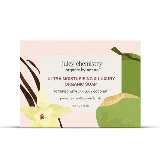 Juicy Chemistry Ultra Moisturising & Luxury Organic Soap, 100g | With Vanilla & Coconut | Hydrating & Nourishing Cold-processed Soap for Skin & Hair | Deeply Conditioning | For Daily Face & Body Cleansing