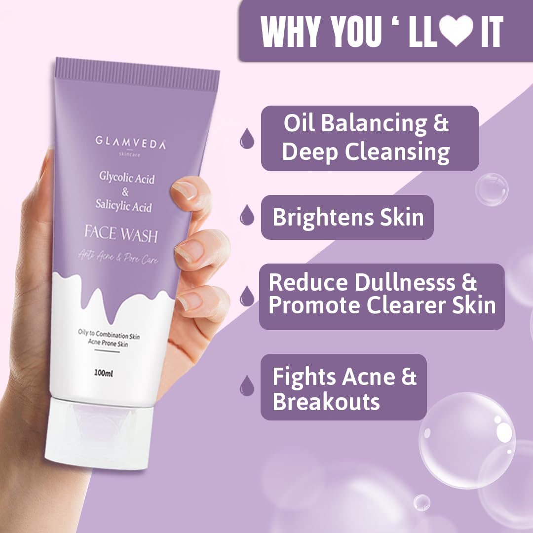 Glamveda Glycolic Acid & 0.05% ww Salicylic Acid Anti Acne face wash | For Oily & Acne Prone Skin | Oil balancing, Deep Cleansing | No Paraben, SLS | 100 ml