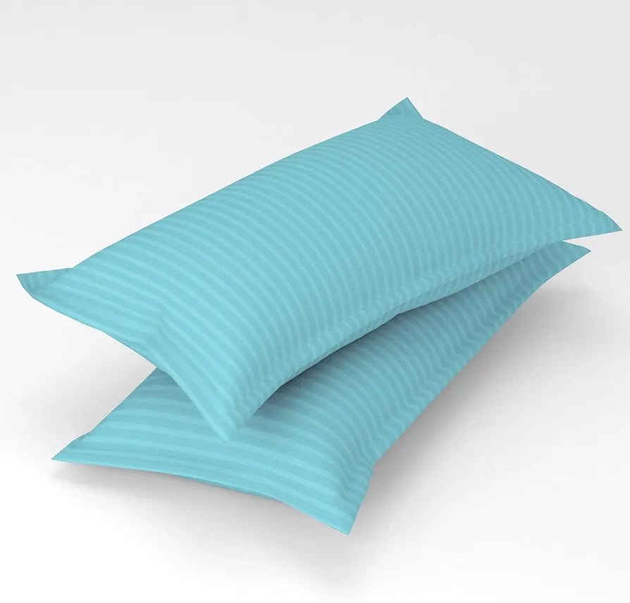 Homefab India 160 TC Stripe Cotton Feel Glace Cotton Elastic Fitted King Size Double Bed Bedsheet with 2 Pillow Covers Fits Upto 6 inches Mattress Aqua Blue