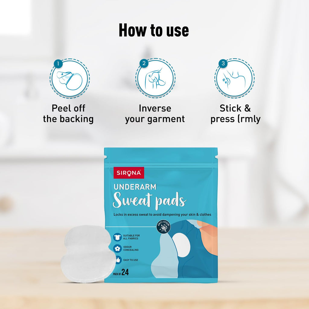 Sirona Disposable Underarm Sweat Pads for Men and Women, 24 Pads | Peel-off | Prevents Stains & Unpleasant Odour | Quick sweat absoption