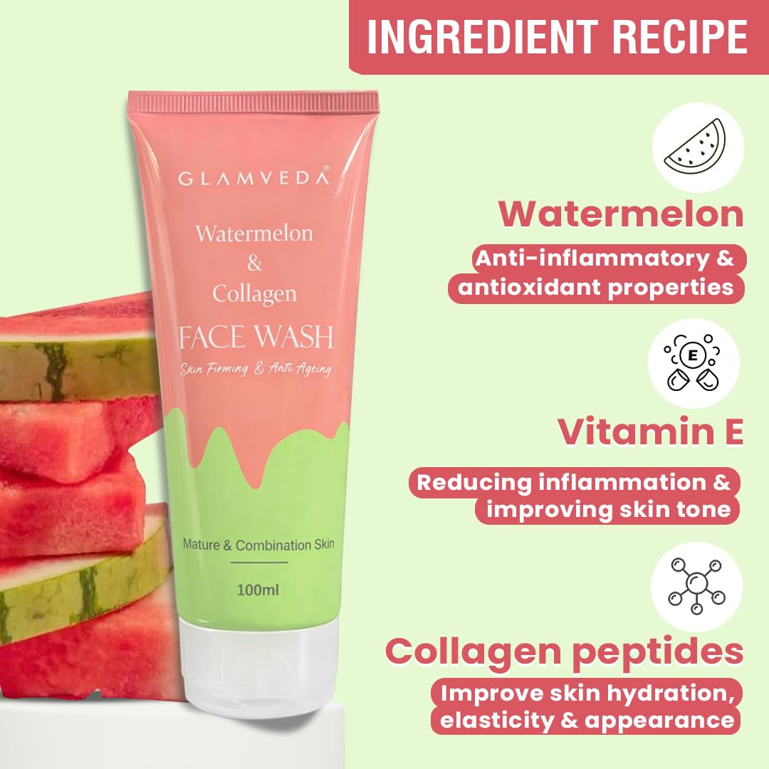 Glamveda Watermelon & Collagen Face Wash | Anti Ageing Face Wash For Glowing Skin, Reduces Fine Lines, Wrinkles & Skin Dullness, Removes Excess Oil & Dirt | All Skin Types |For Women & Men| 100ml