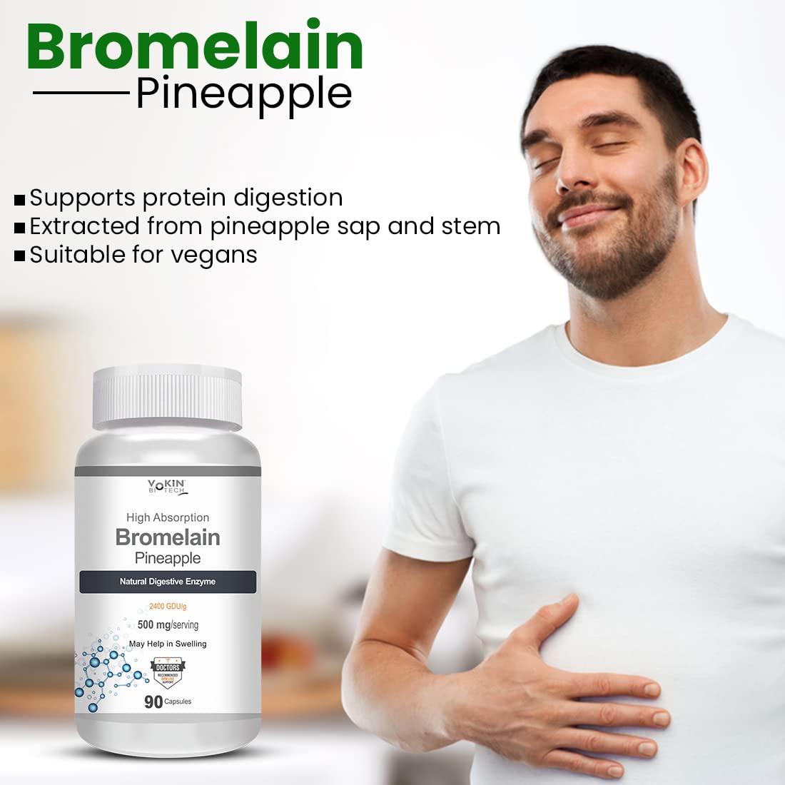 Vokin Biotech Bromelain Pineapple Digestive Enzyme- 2400 GDU/g - 500 mg | 90 Capsules (Pack of 1)