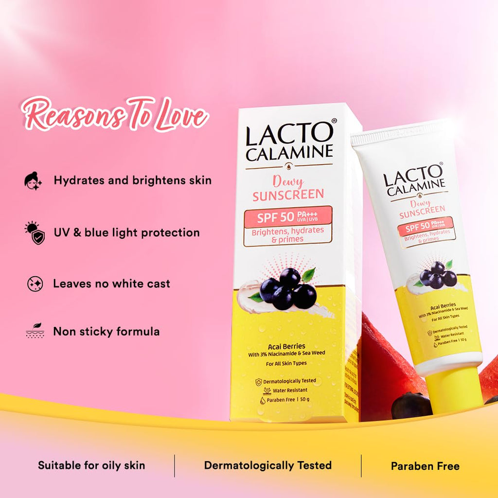 Lacto Calamine Dewy Glow Lightweight Sunscreen SPF 50 PFA +++ UVA & UVB Protection-Oily Skin | Acai Berries, Niacinamide & Watermelon | Dermatologically Tested | 50g