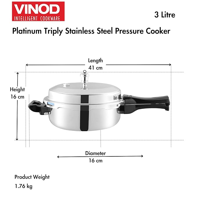 Vinod Platinum Triply Stainless Steel Pressure Cooker with Induction Base - 3.5 Litre | Junior Pressure Cooker | Induction Base Pressure Cooker