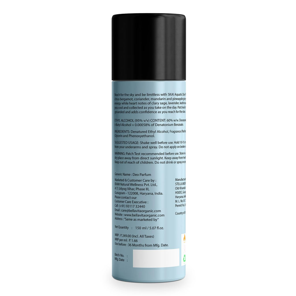 Bella Vita Luxury SKAI Aquatic Body Parfum 150ml | No Gas Deodorant for Men & Women | Deodorants Man | Long Lasting Fresh & Musky Fragrance with Bergamot, Pineapple & Lavender Notes