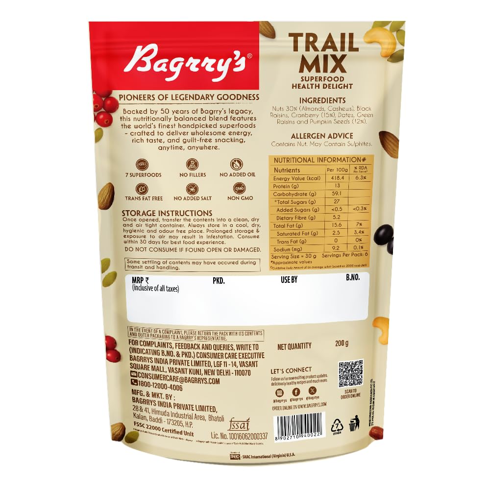 Bagrry’s Trail Mix 200 GM | 7 in 1 Superfoods | California Almond | Cashews | Cranberries | Dates | Pumpkin Seeds | Green & Black Raisins | High Protein | Fibre-Rich | Oil-Free | Non-Salted | Healthy Snack for Anytime Energy | Dry fruit mix | Mix nuts