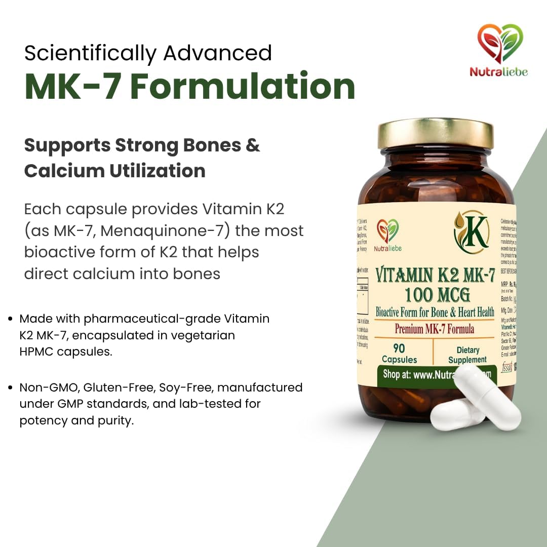 Nutraliebe Vitamin K2 (as MK-7 Menaquinone-7) â€“ High Bioavailability Formula for Bone Strength, Calcium Absorption & Heart Health | Supports Arterial Flexibility | 90 Veg Capsules | Non-GMO & Gluten-Free