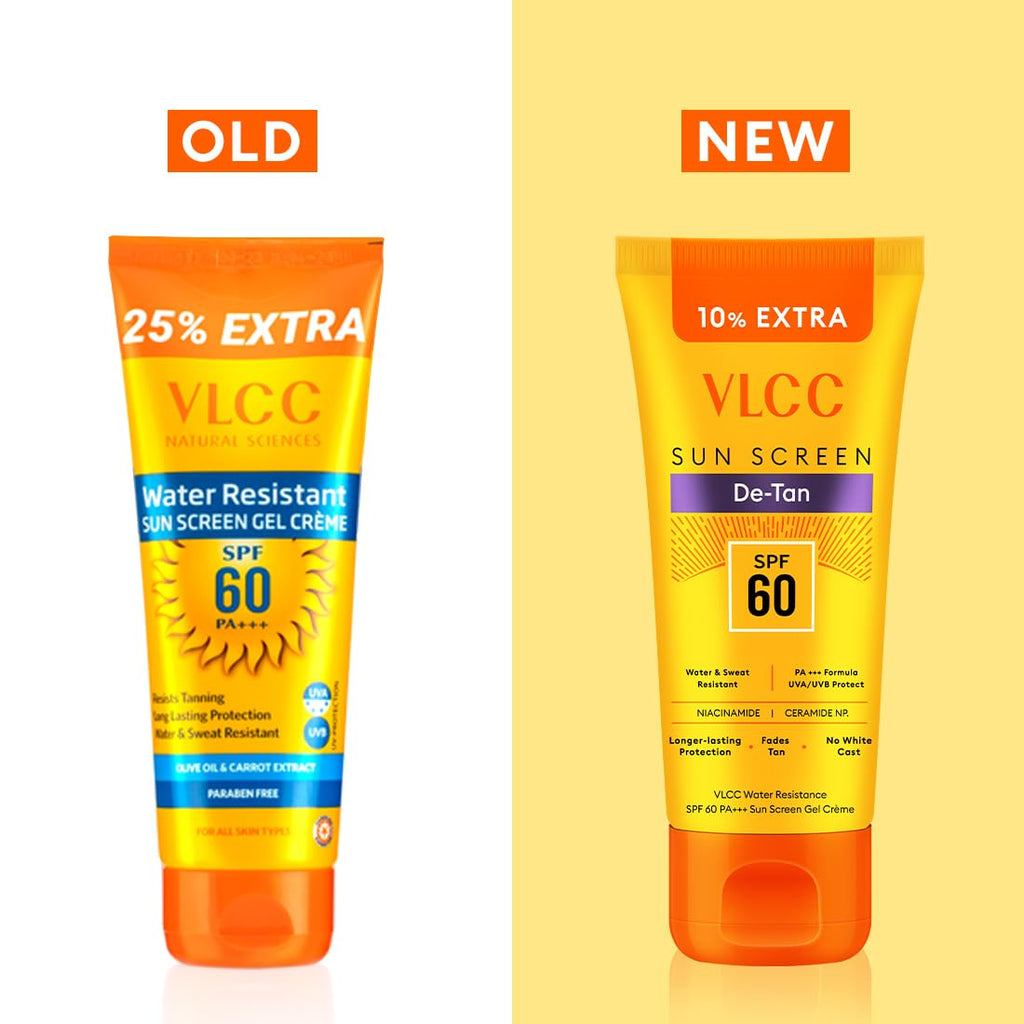 VLCC De-Tan Water Resistant SPF 60 PA+++ Sunscreen Gel Crème - 100g + 10g Extra | With Niacinamide, Ceramides & Vitamin E | Protects from UVA, UVB Rays, Sun Damage, Skin Darkening and Premature Ageing
