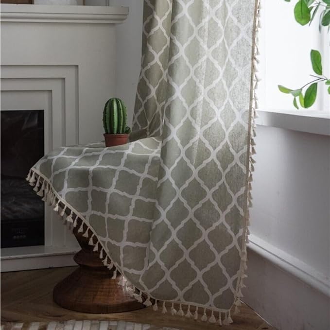 Huesland Cotton Curtains for Windows, 5 Feet Long 1 Bohemian Eyelet Curtain | Quatrefoil Dessert Sage