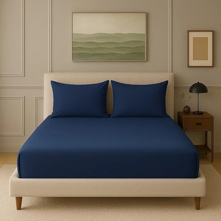Trance Home Linen 300 TC Bamboo Fitted Queen Size Bedsheet Soft Breathable & Eco-Friendly Bedsheet with 2 Pillow Cover Colour Mediterranean Blue