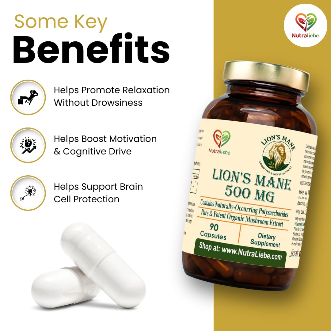 Nutraliebe Lion’s Mane Mushroom Extract 500 mg – Hericium erinaceus Standardized to Beta (1,3)(1,6)-Glucans | Brain Health, Memory & Focus Support | Nerve Growth Factor (NGF) Booster | 90 Vegetarian Capsules | Non-GMO, Gluten-Free