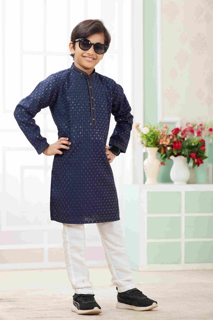 Raivat Ethnic Art Silk Embroidery Work Kids Kurta Pajama In Blue Colour