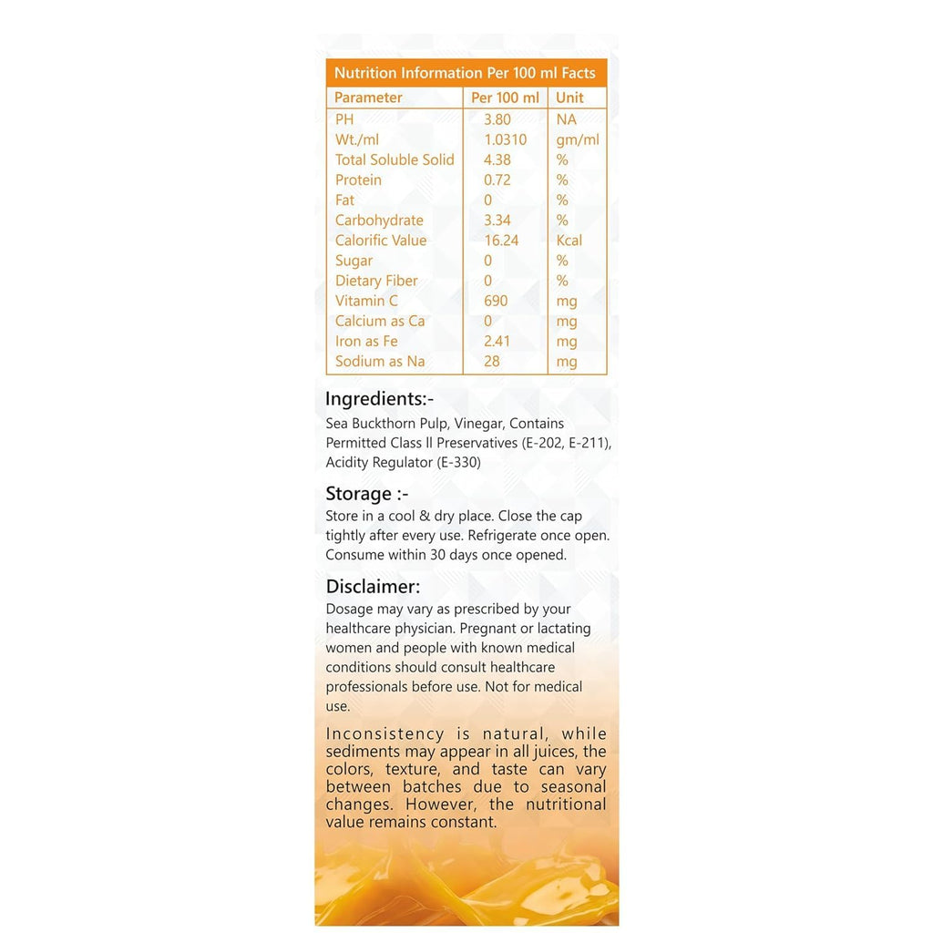 Growfitz Himalayan Sea Buckthorn Pulp Concentrate 1L | Cold-Pressed | Makes 100 Glasses, Natural Vitamin C, Omega 3 6 7 9, Antioxidants | Immunity, Skin Glow & Gut Health Support | Seabuckthorn Juice