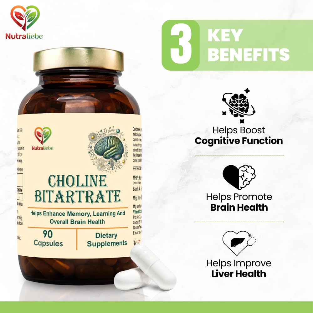 Nutraliebe Choline Bitartrate 550mg – 90 Capsules | Dietary Supplement for Daily Use | Non-GMO & Gluten-Free