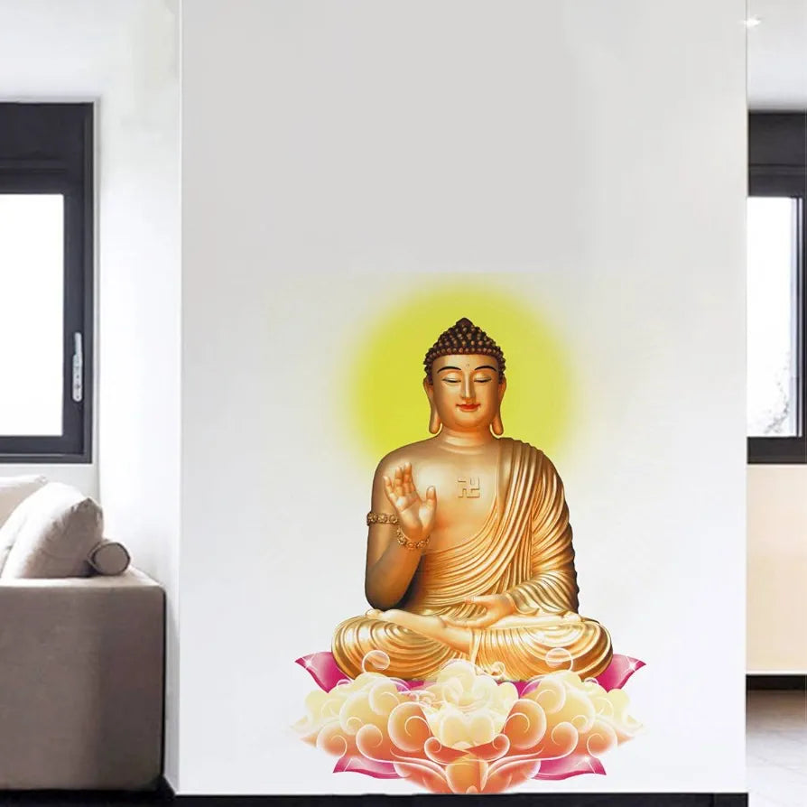 Rawpockets Decals PVC Vinyl Self Adhesive Lord Buddha Peaceful On Lotus Wall Window Sticker Coverage Area