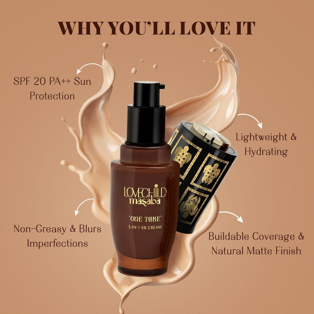 LoveChild Masaba One Take 5 in 1 BB Cream For Light Skin Tone, Benefits of Serum, Primer, Moisturizer, Concealer & SPF 20 PA ++ Matte Finish All-in-One Tint for Flawless Skin, Badass Babe 30ml