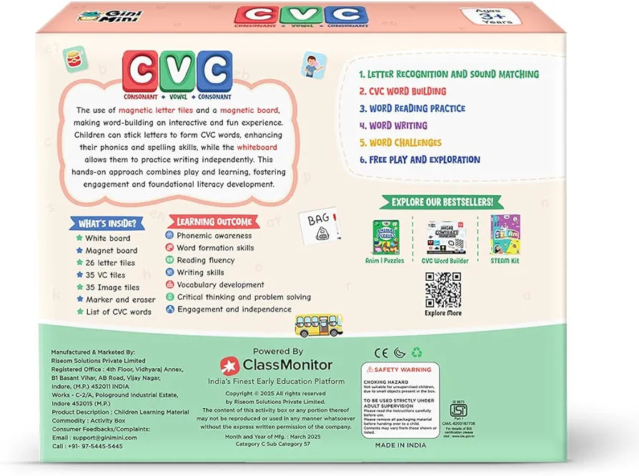 GiniMini CVC Word Builder - Letter Tiles & Whiteboard - Learn to Read, Write & Build CVC Words - Educational Toy for Kids 3 4 5 6 Years