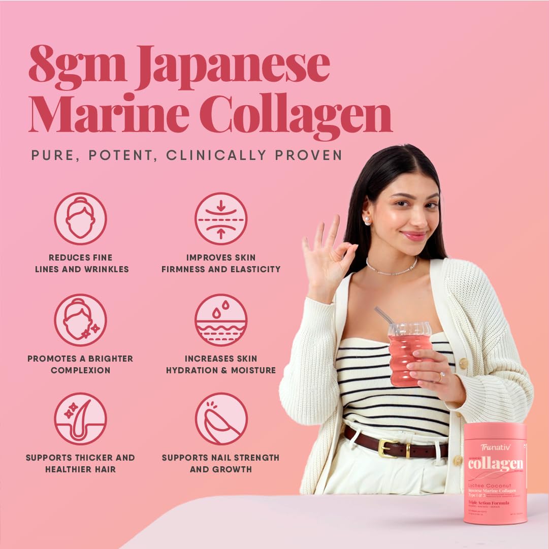 Trunativ Collagen Supplements | Advanced Japanese Marine Collagen Powder for Women & Men | Type 1 and 3 Hydrolyzed Peptides | Supplement with Hyaluronic Acid | Supports Skin Glow, Hair Growth, and Nail Strength | Lychee Coconut | 60g (Pack of 1)