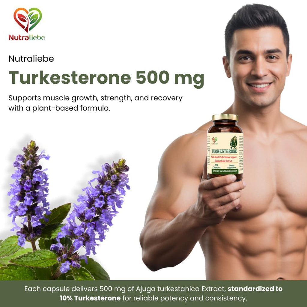Nutraliebe Turkesterone 500 mg – Ajuga turkestanica Extract Standardized to 10% Turkesterone | Natural Muscle Growth, Strength & Recovery Support | Adaptogenic Plant-Based Anabolic | 90 Vegetarian Capsules | Non-GMO, Gluten-Free