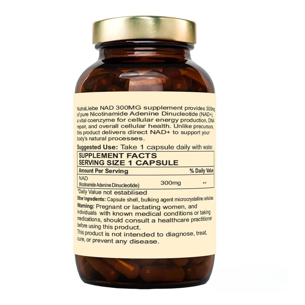 Nutraliebe NAD (Nicotinamide Adenine Dinucleotide) Pure 300mg - Cellular Energy and Repair Formula, 90 Capsules