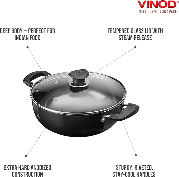 Vinod Black Pearl Hard Anodised Non Stick Deep Kadhai with Glass Lid - 4.1 LTR, 26 cm | 3.25mm Thickness | kadai for Cooking