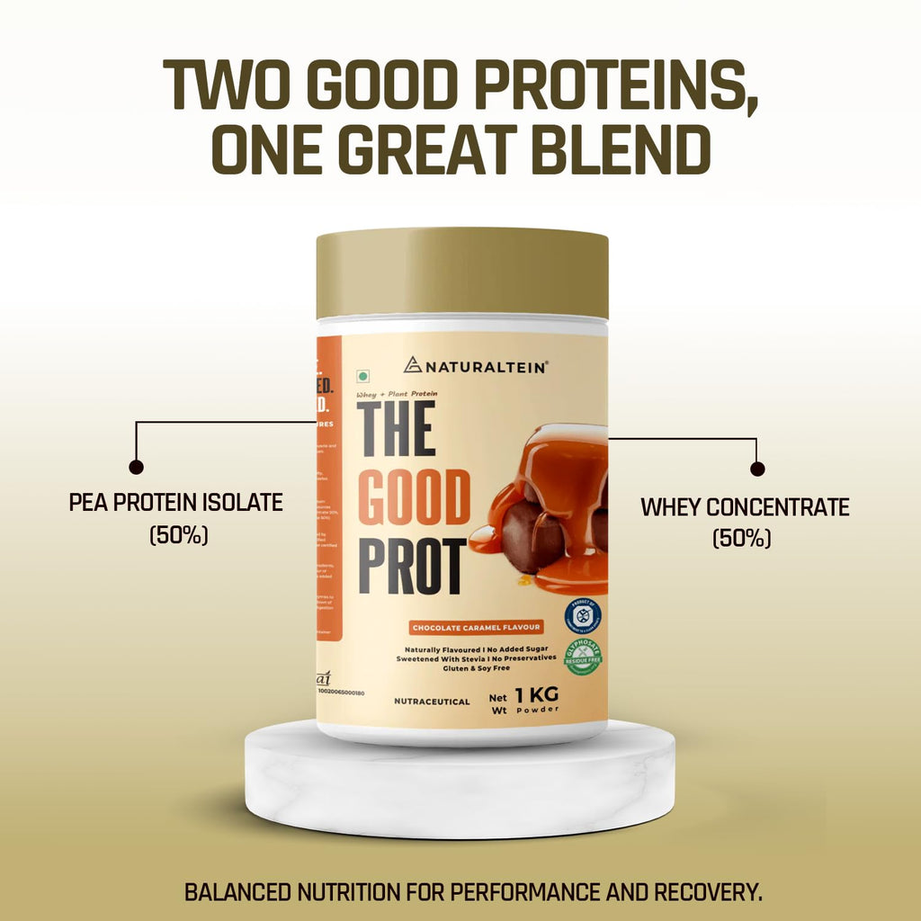 NATURALTEIN The Good Prot 1 kg (Chocolate Caramel) | 22g Protein Per Serving | No Artificial Flavors | Clean & Natural Protein Blend | Plant & Whey Protein Mix