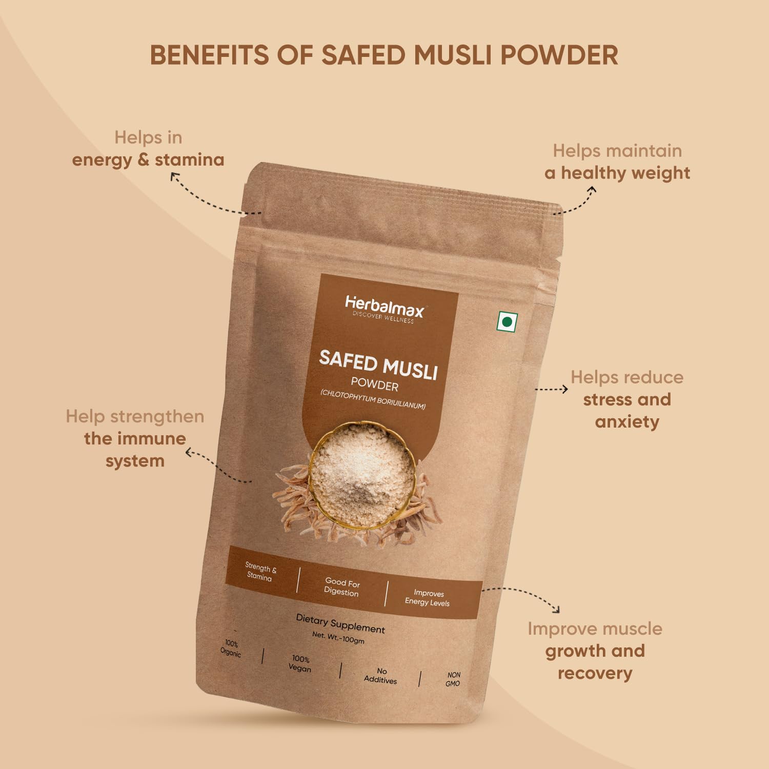 Herbal Max Organic Safed Musli Root Powder â€“ 100g | Ayurvedic Supplement for Strength, Stamina, Vitality & Performance | Herbal Health Booster