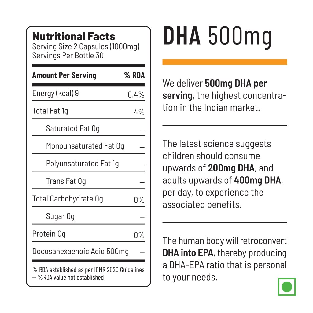 Unived Ovegha Vegan Omega-3 DHA | 1000mg Algae Oil 500mg DHA Per Serving (highest DHA/serving) | for Heart, Hair, Skin, Joint, Brain & Eye Health | 60 Vegan Capsules