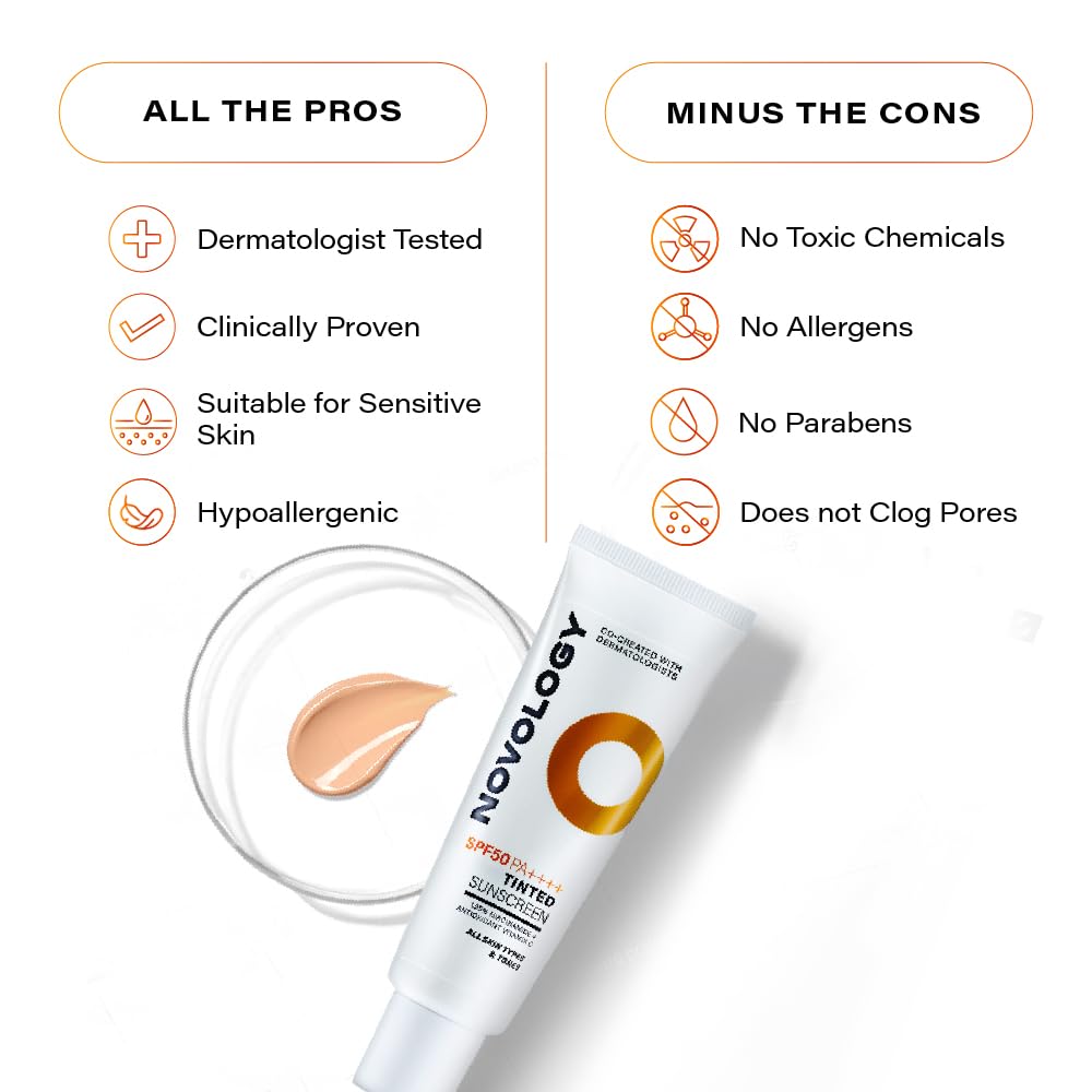 Novology SPF 50 PA++++ Tinted Sunscreen for Pigmentation, Dark Spots and Acne Marks | Blends into Natural Finish | For All Skin Types | 50 g