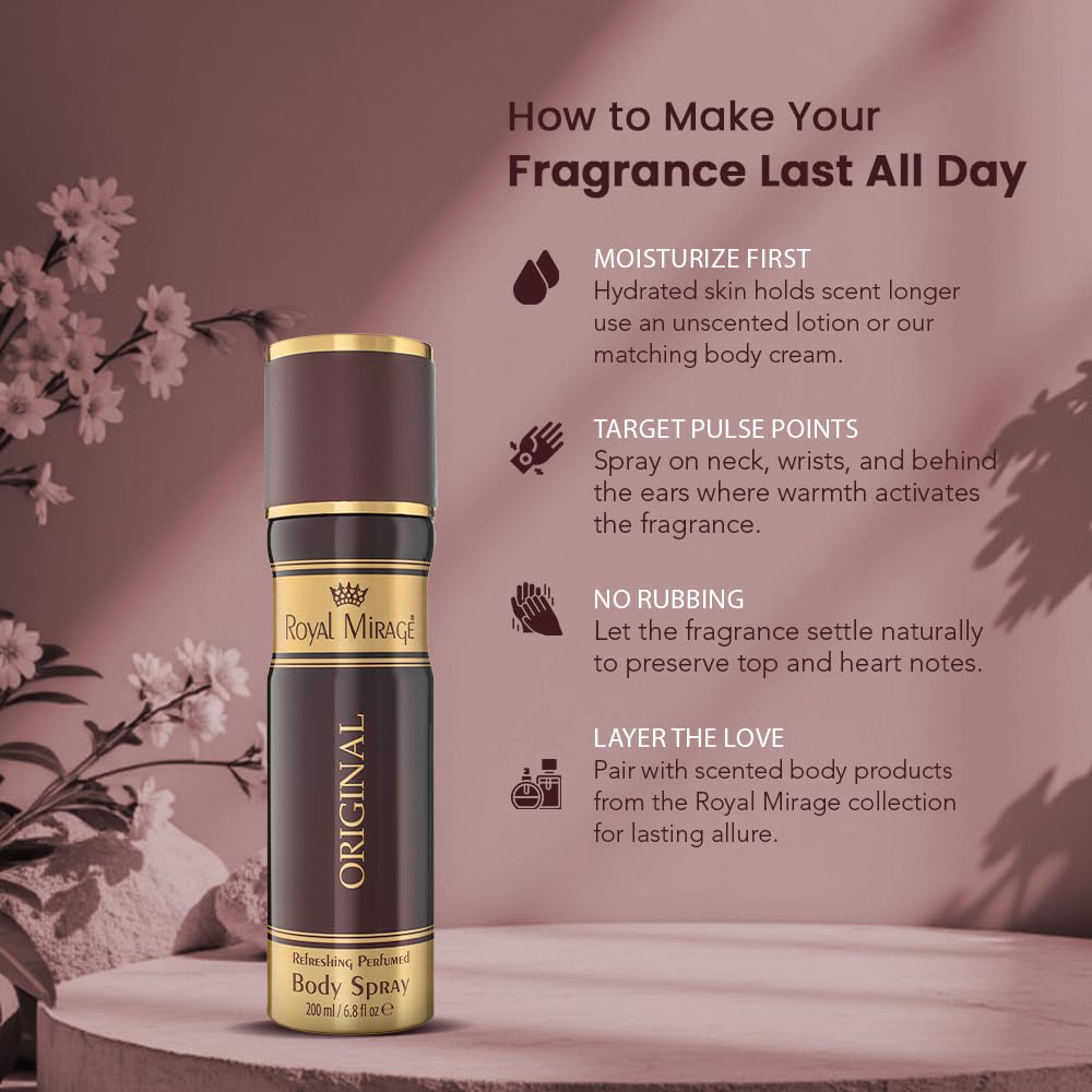 Royal Mirage Original Body Spray | Unisex Fragrance | Long-Lasting Perfume | Refreshing & Elegant Scent | Grooming Essential | Fresh & woody fragrance | All-Day Freshness | 200ml