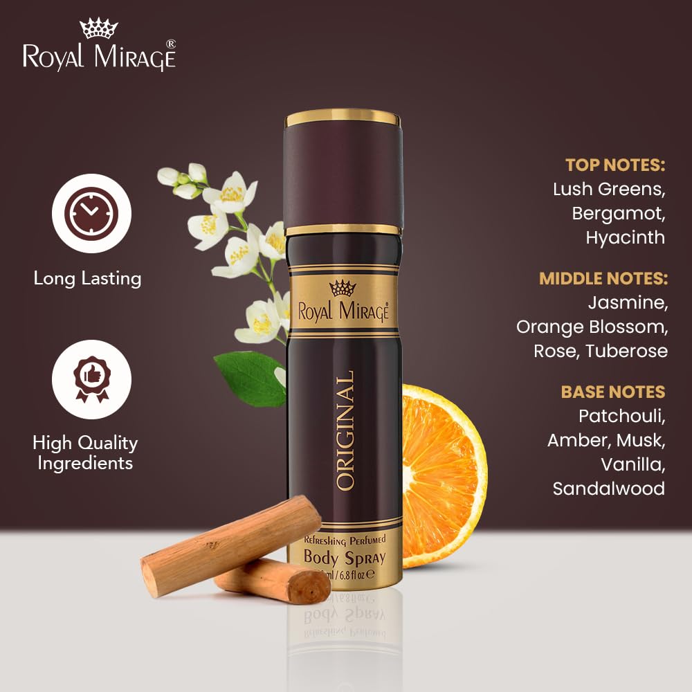 Royal Mirage Original Body Spray | Unisex Fragrance | Long-Lasting Perfume | Refreshing & Elegant Scent | Grooming Essential | Fresh & woody fragrance | All-Day Freshness | 200ml