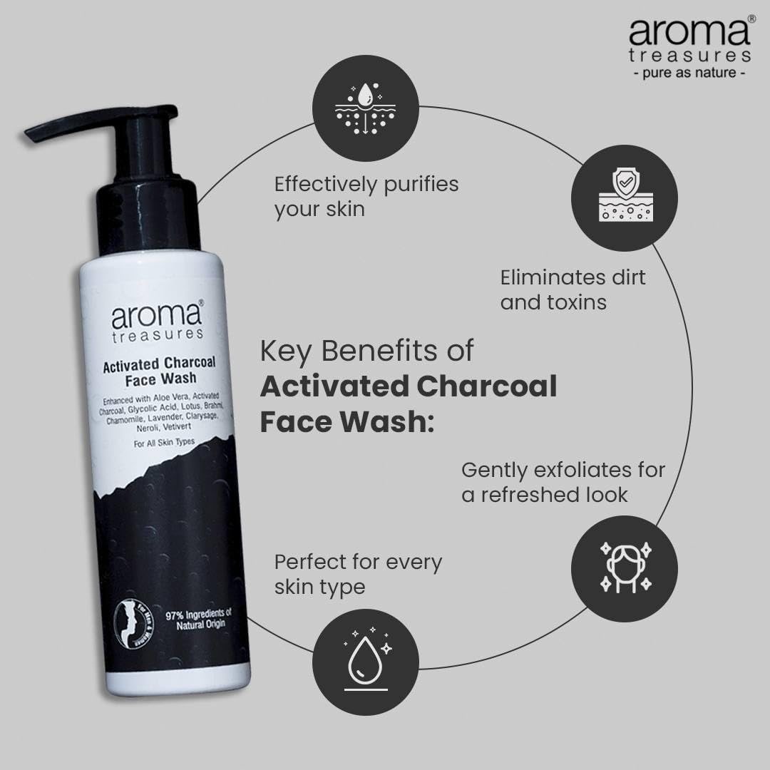 Aroma Treasures Activated Charcoal Face Wash for Men & Women | Deep Cleansing Oil Control Facewash with Aloe Vera & Glycolic Acid for Acne, Bright & Healthy Skin – 100ml